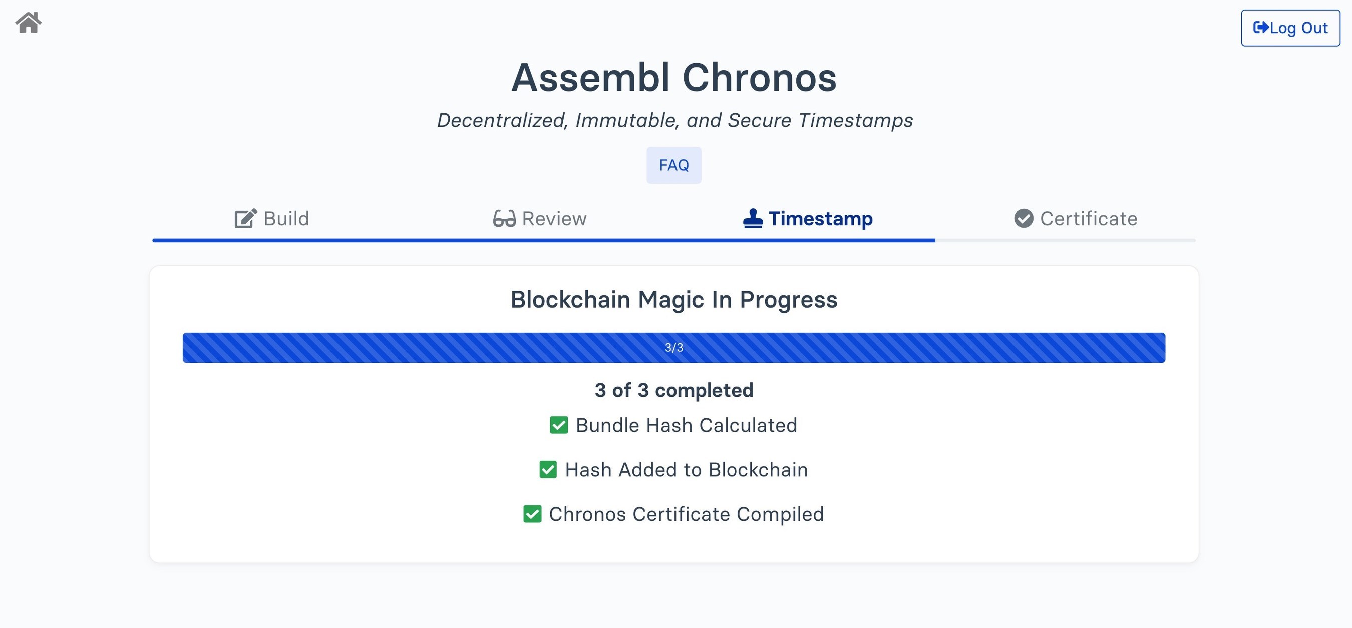 Assembl Chronos (assembl.app/chronos) in action. After building a timestamp (consisting of a title, a document description, and relevant files) the user submits a fingerprint of this data to the Stellar blockchain. In this screenshot, the app is in the process of writing this fingerprint (a SHA256 hash) to the blockchain. Once this timestamp is minted, it will live forever (even if Assembl, the company, ceases to exist).